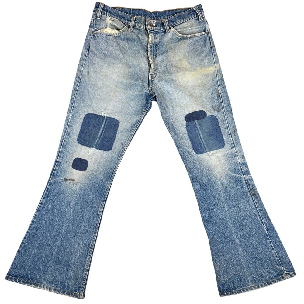 Vintage 70s Levi’s Bell Bottom Jeans Talon Orange Tab Patched Distressed 34x29